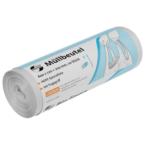 DEISS UNIVERSAL PLUS ® - Müllbeutel aus HDPE 60 l mit Tragegriff 20 Stück/Rolle