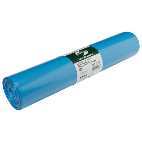 DEISS RE:SOURCE - Abfallsäcke aus Recycling-LDPE 120 l aus mindestens 80 % Post-Consumer-Rezyklat mit Umweltzeichen Blauer Engel 25 Stück/Rolle