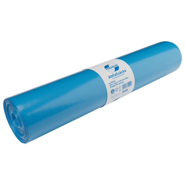 DEISS PREMIUM ® - Abfallsäcke aus Recycling-LDPE 140 l, 470+430x1100 mm Typ 60 blau – 25 Stück/Rolle