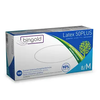 Bingold Latex 50Plus Einmalhandschuhe 100 Stück/Box, natur, puderfrei, unsteril, Länge 240mm, Medizinprodukt Klasse I, PSA-Kategorie III