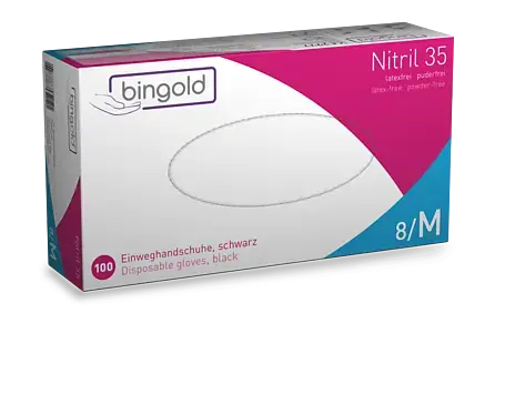 Bingold Nitril 35 Einmalhandschuhe 100 Stück/Box, schwarz, puderfrei, unsteril, Länge 240mm, Medizinprodukt Klasse I, PSA-Kategorie III